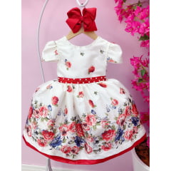 Vestido Infantil Marfim Florido Vermelho C/ Cinto de Pérolas