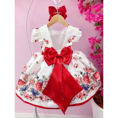 Vestido Infantil Marfim Florido Vermelho C/ Cinto de Pérolas