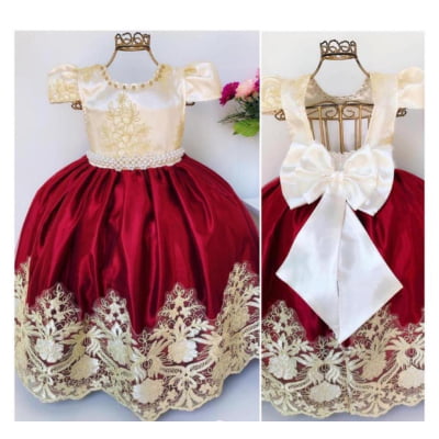Vestido Infantil Marsala e Marfim Rendado Longos Damas
