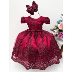 Vestido Infantil Marsala Realeza C/ Cinto Princesas Festas