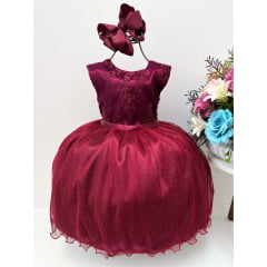 Vestido Infantil Marsala Renda Cinto Strass Brilho