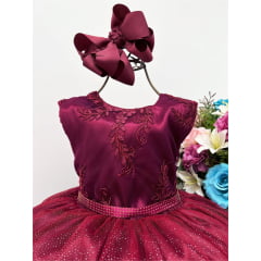 Vestido Infantil Marsala Renda Cinto Strass Brilho