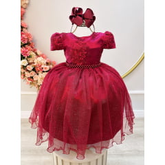 Vestido Infantil Marsala Tule C/ Renda Metalizada Casamento