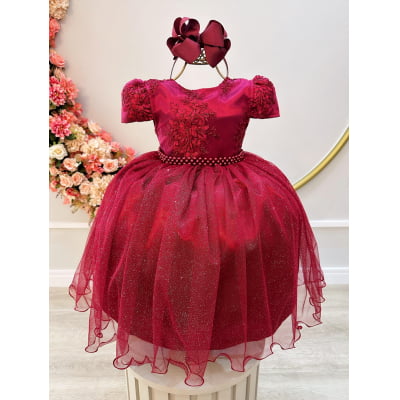 Vestido Infantil Marsala Tule C/ Renda Metalizada Casamento