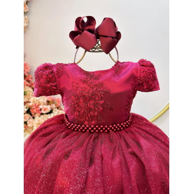 Vestido Infantil Marsala Tule C/ Renda Metalizada Casamento