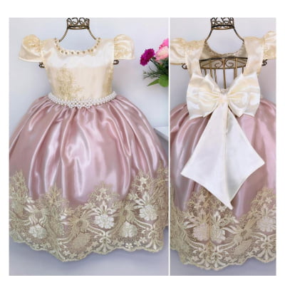 Vestido Infantil Nude e Marfim Damas Luxo Festas Casamento