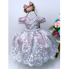 Vestido Infantil Nude Renda Branca Realeza Cinto Pérolas