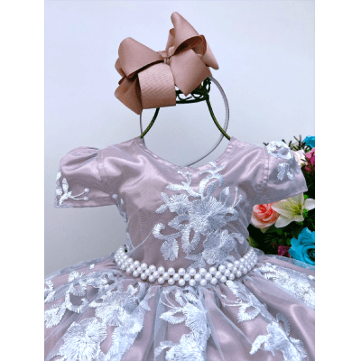 Vestido Infantil Nude Renda Branca Realeza Cinto Pérolas