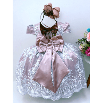 Vestido Infantil Nude Renda Branca Realeza Cinto Pérolas