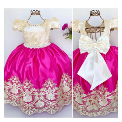 Vestido Infantil Pink e Marfim Damas Luxo Festas Casamento