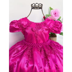 Vestido Infantil Pink Realeza Renda Princesas Festa Luxo