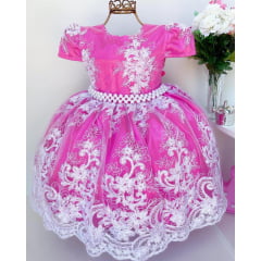 Vestido Infantil Pink Renda Branca Realeza Princesa Luxo
