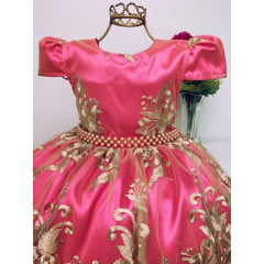 Vestido Infantil Pink Renda Dourada Realeza Luxo Princesa