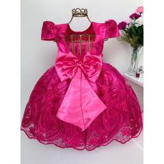 Vestido Infantil Pink Renda Princesas Realeza Luxo Festa