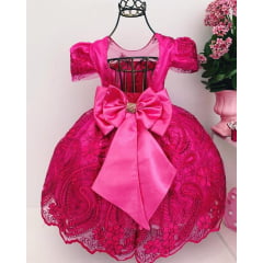 Vestido Infantil Pink Renda Realeza Cinto Strass Princesa