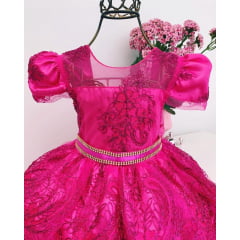 Vestido Infantil Pink Renda Realeza Cinto Strass Princesa