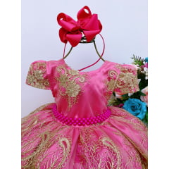 Vestido Infantil Pink Renda Realeza Dourada Princesa