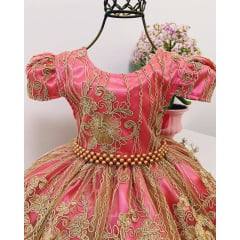 Vestido Infantil Pink Renda Realeza Dourada Princesa Luxo