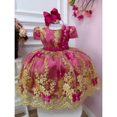 Vestido Infantil Pink Renda Realeza e Aplique de Borboletas