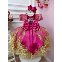 Vestido Infantil Pink Renda Realeza e Aplique de Borboletas