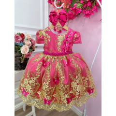 Vestido Infantil Pink Renda Realeza e Aplique de Borboletas