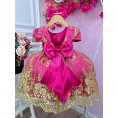 Vestido Infantil Pink Renda Realeza e Aplique de Borboletas