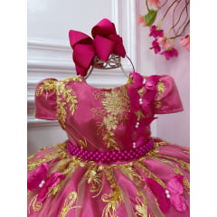 Vestido Infantil Pink Renda Realeza e Aplique de Borboletas