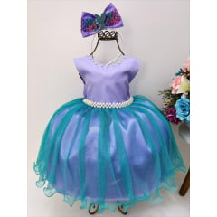 Vestido Infantil Princesa Ariel Lilás Tule Verde Luxo Pérola