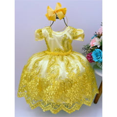 Vestido Infantil Realeza Amarelo Renda Luxo Princesas
