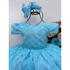 Vestido Infantil Realeza Azul Com Renda e Pérolas Festa Luxo