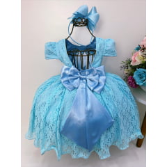 Vestido Infantil Realeza Azul Com Renda e Pérolas Festa Luxo