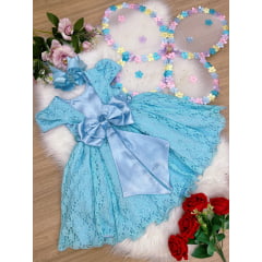 Vestido Infantil Realeza Azul Com Renda e Pérolas Festa Luxo