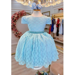 Vestido Infantil Realeza Azul Com Renda e Pérolas Festa Luxo