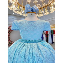 Vestido Infantil Realeza Azul Com Renda e Pérolas Festa Luxo