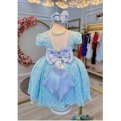 Vestido Infantil Realeza Azul Com Renda e Pérolas Festa Luxo