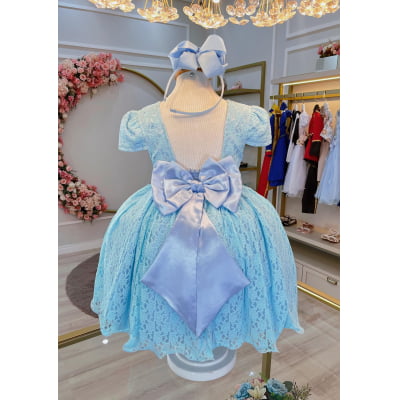 Vestido Infantil Realeza Azul Com Renda e Pérolas Festa Luxo