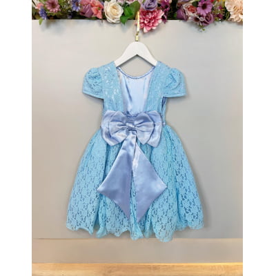 Vestido Infantil Realeza Azul Com Renda e Pérolas Festa Luxo