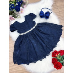 Vestido Infantil Realeza Azul Marinho Renda e Pérolas Festa