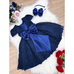Vestido Infantil Realeza Azul Marinho Renda e Pérolas Festa