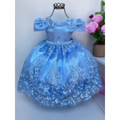 Vestido Infantil Realeza Azul Renda Luxo Princesas Pérolas