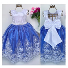 Vestido Infantil Realeza Azul Royal Peito Branco Renda Luxo