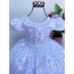 Vestido Infantil Realeza Branco Renda Luxo Princesas Pérolas