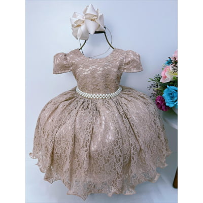 Vestido Infantil Realeza Dourado Renda e Pérolas Festa Luxo