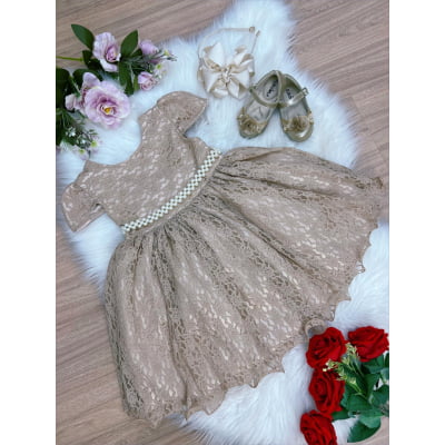 Vestido Infantil Realeza Dourado Renda e Pérolas Festa Luxo