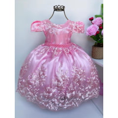 Vestido Infantil Realeza Rosa Renda Luxo Princesas Pérolas