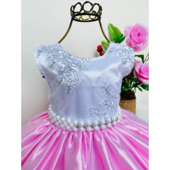Vestido Infantil Realeza Rosa Renda Prata Luxo Princesas