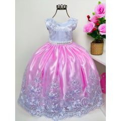 Vestido Infantil Realeza Rosa Renda Prata Luxo Princesas