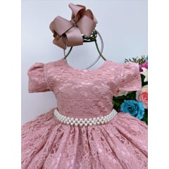 Vestido Infantil Realeza Rose Com Renda e Pérolas Festa Luxo