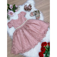 Vestido Infantil Realeza Rose Com Renda e Pérolas Festa Luxo