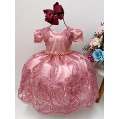Vestido Infantil Realeza Rosê Com Renda de Luxo